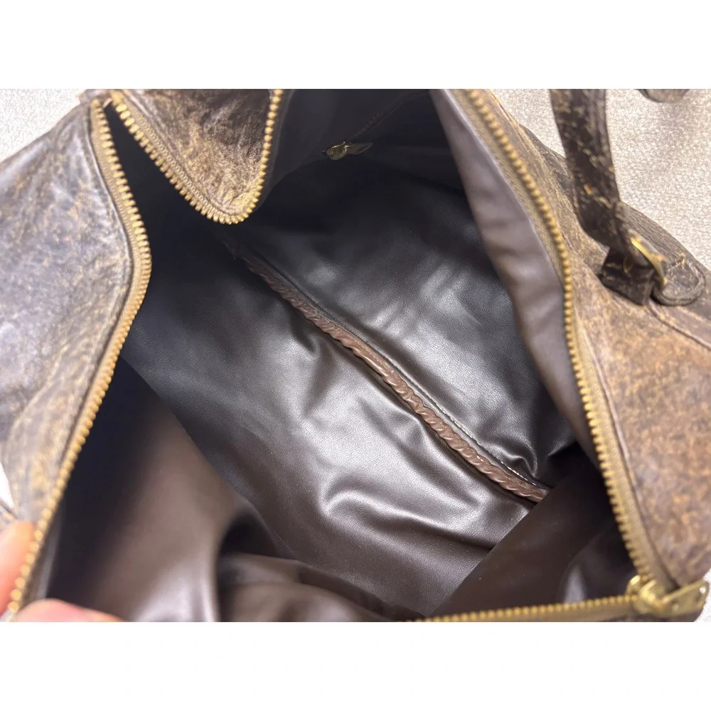 Vintage Meyers USA Distressed Brown Leather Barrel Shoulder Bag Satchel Brass